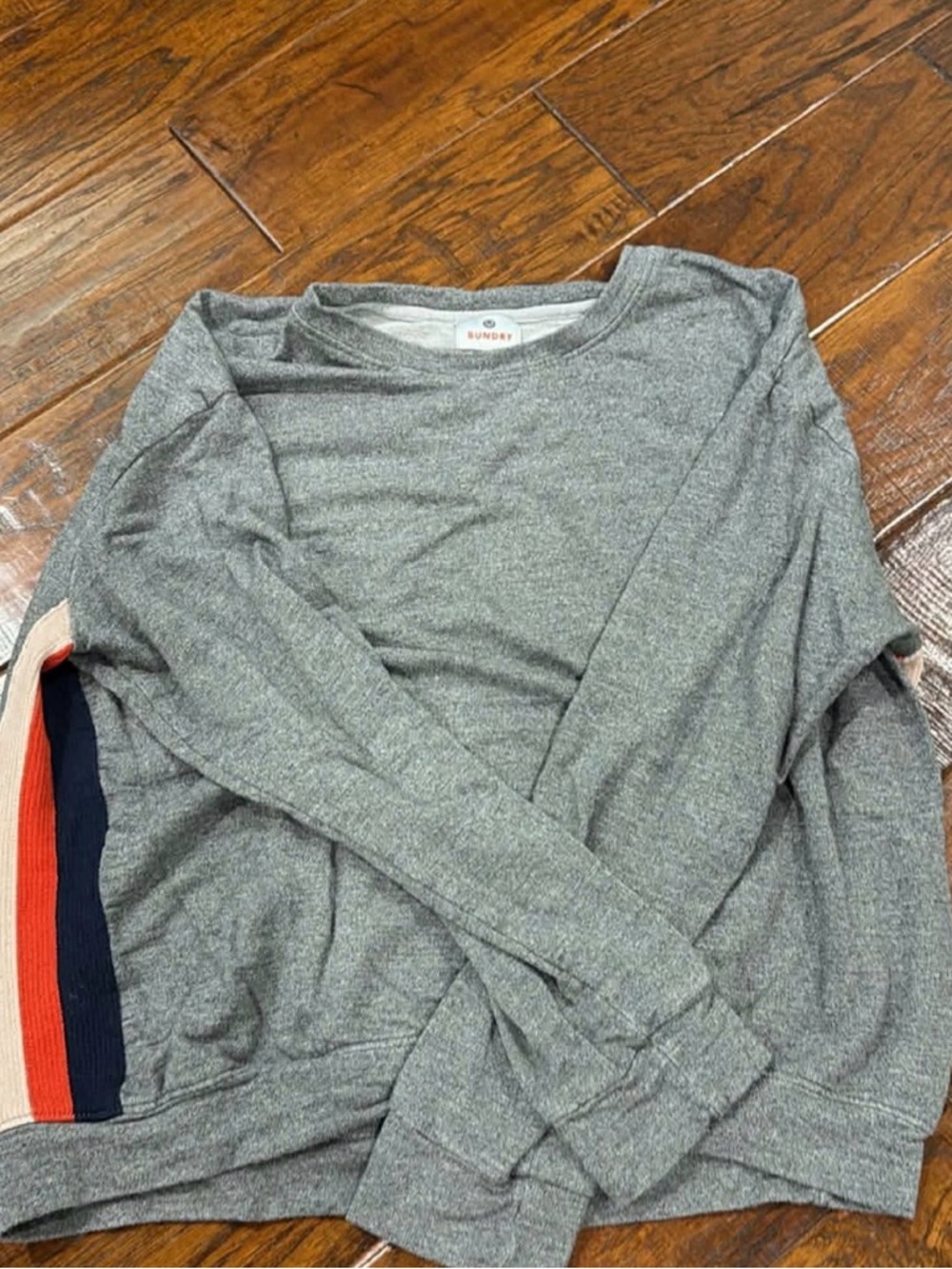 Sundry Gray Crewneck Sweater with Navy and Red Sleeve Stripes